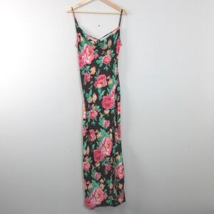 For Love & Lemons Becca Backless Maxi Dress XS Black Pink Floral Slit Party